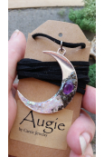 Closeup of Amethyst and Pyrite Rainbow Silver Crescent Moon Necklace