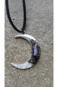 Front View of Rough Amethyst and Pyrite Aura Rainbow Crescent Moon Necklace